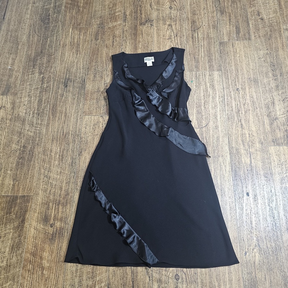 VTG Robbie Bee Black Dress Satin Ruffle Sleeveless Y2K Cocktail sz 8 Petite - Picture 9 of 9